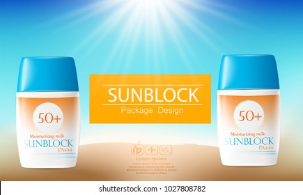 Sunblock ads template, sun protection cosmetic products. 3D illustration for magazine or ads.Bottle products design with moisturizer milk, cream or liquid.