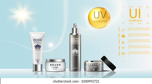 Sunblock ads template, sun protection, sunscreen and sunbath cosmetic products design face and body lotion 