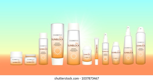 Sunblock ads template, sun protection cosmetic products. Set of cosmetic packaging with black caps, isolated on white background. Cosmetic package for cream, shampoo, liquid soap and spray