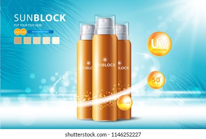 Sunblock ads template, sun protection cosmetic products design with moisturizer cream or liquid, sparkling background with glitter polka, vector design.