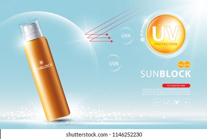 Sunblock ads template, sun protection cosmetic products design with moisturizer cream or liquid, sparkling background with glitter polka, vector design.