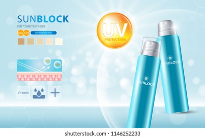 Sonnenschutzcreme, Sonnenschutzmittel-Design mit Feuchtigkeitscreme oder Flüssigkeit, glänzender Hintergrund mit glänzendem Polka, Vektorillustration-Design.