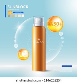 Sunblock ads template, sun protection cosmetic products design with moisturizer cream or liquid, sparkling background with glitter polka, vector design.