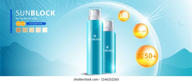 Sunblock ads template, sun protection cosmetic products design with moisturizer cream or liquid, sparkling background with glitter polka, vector design.