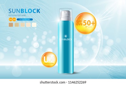 Sunblock ads template, sun protection cosmetic products design with moisturizer cream or liquid, sparkling background with glitter polka, vector design.