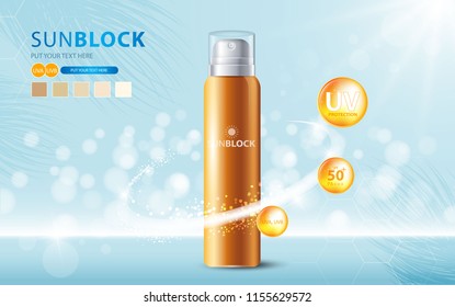 Sunblock ads template, sun protection cosmetic products design with moisturizer cream or liquid, sparkling background with glitter polka, vector design.