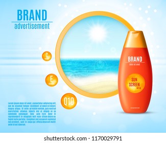 Sunblock ads template. Sun protection cosmetic products design. Vector illustration. EPS10