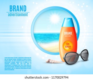 Sunblock ads template. Sun protection cosmetic products design. Vector illustration. EPS10