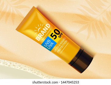 Sunblock ads template, sun protection cosmetic products design with moisturizer cream or liquid. Beach background. Vector design.