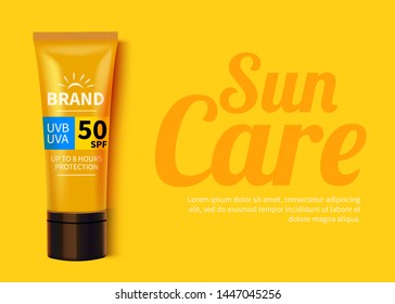 Sunblock ads template, sun protection cosmetic products design with moisturizer cream or liquid. Vector design.
