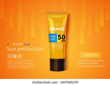 Sunblock ads template, sun protection cosmetic products design with moisturizer cream or liquid. Vector design.