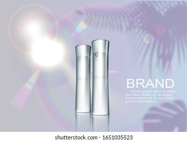 Sunblock ads template, sun protection, sunscreen and sunbath cosmetic products design face and body lotion with Coenzym Q10 and vitamin E on palm beach summer background.