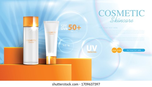 Plantilla de anuncios Sunblock, productos cosméticos para protección solar con crema o líquido hidratante, sol
fondo, diseño vectorial.