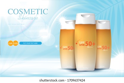 Sunblock ads template, sun protection cosmetic products design with moisturizer cream or liquid, sunshine
background, vector design.