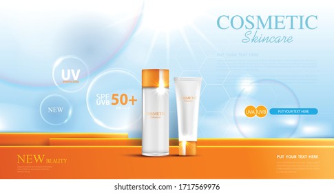 Plantilla de anuncios Sunblock, productos cosméticos para protección solar con crema o líquido hidratante, sol
fondo, diseño vectorial.