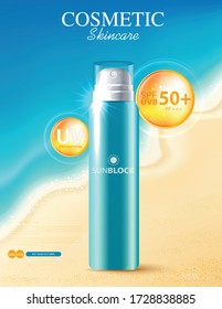 Sunblock ads template, sun protection cosmetic products design with moisturizer cream or liquid, sea and beach background, vector design.