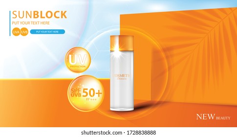 Sunblock ads template, sun protection cosmetic products design with moisturizer cream or liquid, sunshine
background, vector design.