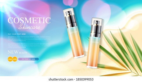 Sunblock ads template, sun protection cosmetic products design with moisturizer cream or liquid, sunshine and the beach background, vector design.