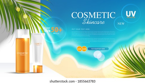 Plantilla de anuncios Sunblock, diseño de productos cosméticos para protección solar con crema o líquido hidratante, luz solar y fondo de playa, diseño vectorial.