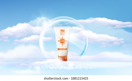 Sunblock ads template, sun protection cosmetic products design with Blur Sea,ring light.Vector illustration, eps10 