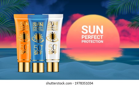 Sunblock ads template. Sun protection. Sunscreen and sunbath cosmetic products face body lotion. Against the backdrop of the beach and sunset or sunrise. Palm summer background. SPF and UV protect.