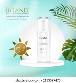 Sunblock ads template, sun protection cosmetic products design with moisturizer cream or liquid, sparkling background with white gold, vector design.