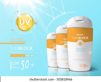 Sunblock Ads Template, Sun Protection Cosmetic Products. 3D Illustration For Magazine Or Ads.