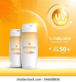 Sunblock ads template, sun protection cosmetic products design with moisturizer cream or liquid, sparkling background with glitter polka, vector design.