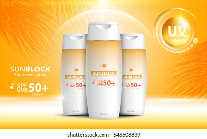 Sunblock ads template, sun protection cosmetic products design with moisturizer cream or liquid, sparkling background with glitter polka, vector design.