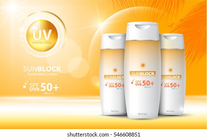 Sunblock ads template, sun protection cosmetic products design with moisturizer cream or liquid, sparkling background with glitter polka, vector design.