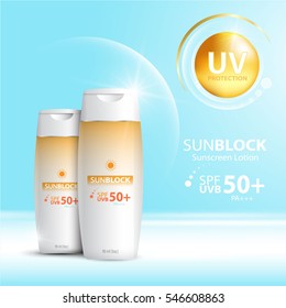 Sunblock ads template, sun protection cosmetic products design with moisturizer cream or liquid, sparkling background with glitter polka, vector design.