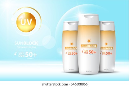 Sunblock ads template, sun protection cosmetic products design with moisturizer cream or liquid, sparkling background with glitter polka, vector design.