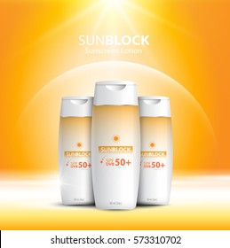 Sunblock ads template, sun protection cosmetic products design with moisturizer cream or liquid, sparkling background with glitter polka, vector design.