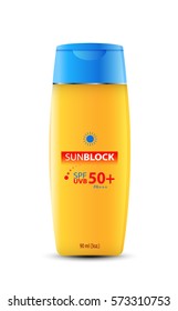 Sunblock ads template, sun protection cosmetic products design with moisturizer cream or liquid, sparkling background with glitter polka, vector design.