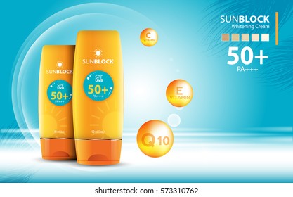 Sunblock ads template, sun protection cosmetic products design with moisturizer cream or liquid, sparkling background with glitter polka, vector design.