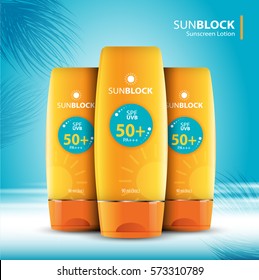 Sunblock ads template, sun protection cosmetic products design with moisturizer cream or liquid, sparkling background with glitter polka, vector design.