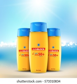 Sunblock ads template, sun protection cosmetic products design with moisturizer cream or liquid, sparkling background with glitter polka, vector design.