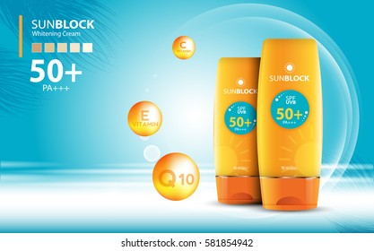 Sunblock ads template, sun protection cosmetic products design with moisturizer cream or liquid, sparkling background with glitter polka, vector design.