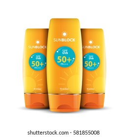 Sunblock ads template, sun protection cosmetic products design with moisturizer cream or liquid, sparkling background with glitter polka, vector design.