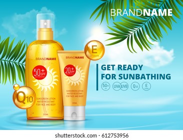 Sunblock Ads Template, Sun Protection, Sunscreen And Sunbath Cosmetic Products Design Face And Body Lotion With Coenzym Q10 And Vitamin E On Palm Beach Summer Background. SPF And UV Protect. Vector