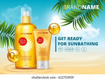 Sunblock Ads Template, Sun Protection, Sunscreen And Sunbath Cosmetic Products Design Face And Body Lotion With Coenzym Q10 And Vitamin E On Palm Beach Summer Background. SPF And UV Protect. Vector