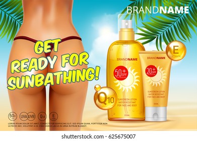 Sunblock ads template, sun protection, sunscreen and sunbath cosmetic products design with woman bronzed body in bikini with Coenzym Q10 and vitamin E on palm beach summer background. Vector 