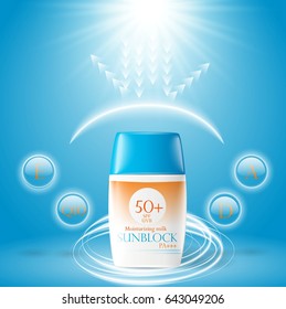 Sunblock ads template, sun protection cosmetic products. 3D illustration for magazine or ads.Bottle products design with moisturizer milk, cream or liquid.