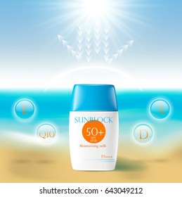 Sunblock ads template, sun protection cosmetic products. 3D illustration for magazine or ads.Bottle products design with moisturizer milk, cream or liquid.