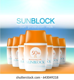 Sunblock ads template, sun protection cosmetic products. 3D illustration for magazine or ads.Bottle products design with moisturizer milk, cream or liquid.