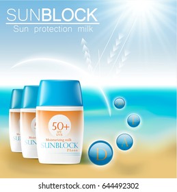 Sunblock ads template, sun protection cosmetic products. 3D illustration for magazine or ads.Bottle products design with moisturizer milk, cream or liquid.