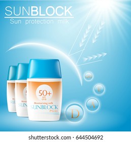 Sunblock ads template, sun protection cosmetic products. 3D illustration for magazine or ads.Bottle products design with moisturizer milk, cream or liquid.