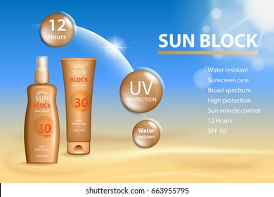 Sunblock ads template, sun protection cosmetic products. Sunblock cream and Tanning oil spray bottle. 3D vector illustration for magazine or ads.