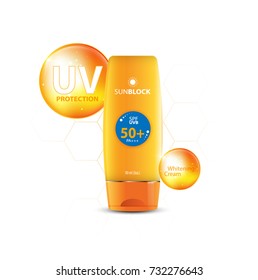 Sunblock ads template, sun protection cosmetic products design with moisturizer cream or liquid, sparkling background with glitter polka, vector design.