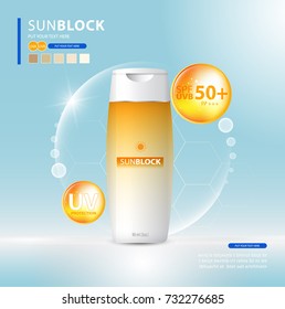 Sunblock ads template, sun protection cosmetic products design with moisturizer cream or liquid, sparkling background with glitter polka, vector design.